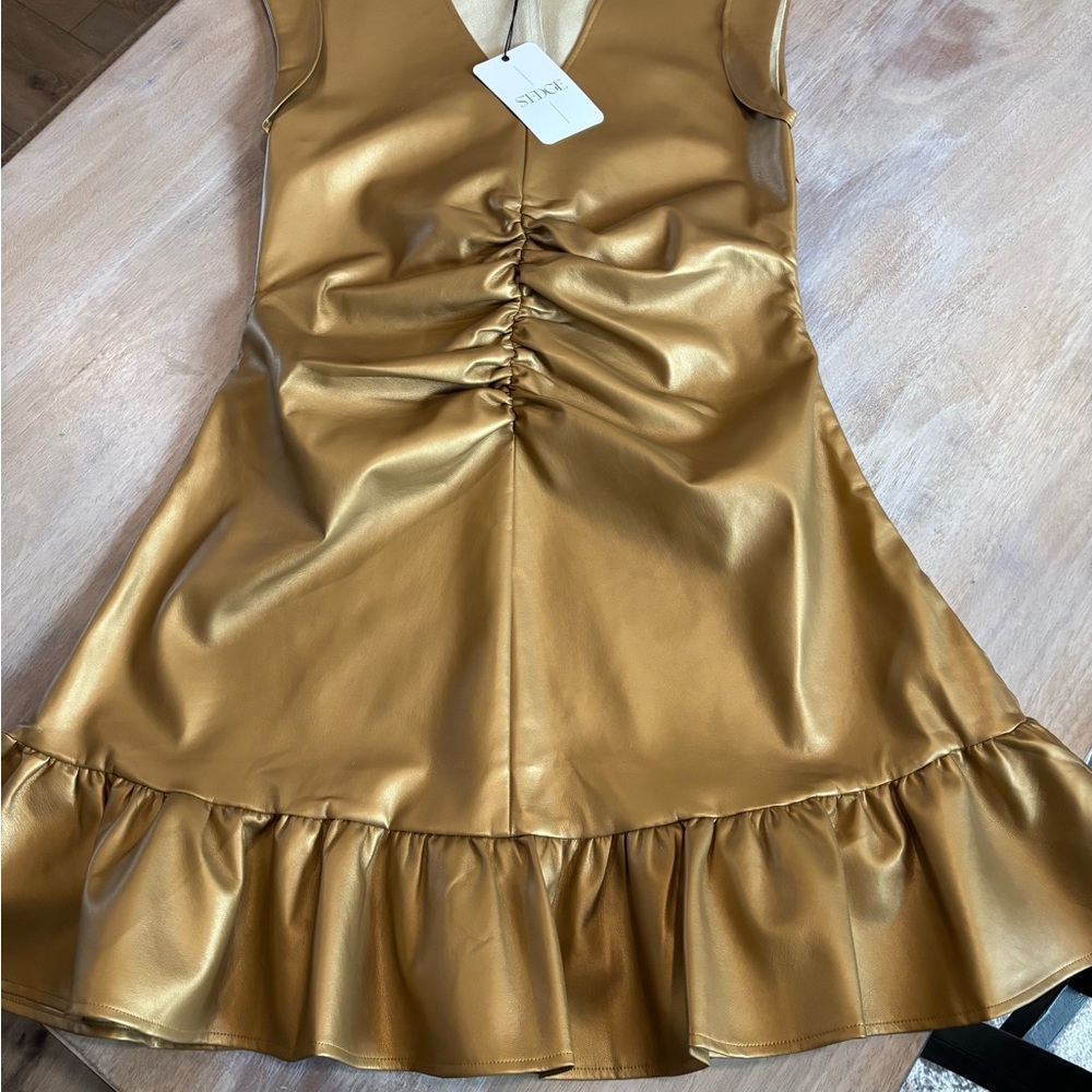 Satin Gold Ruffle Dress - Picture 2 of 6